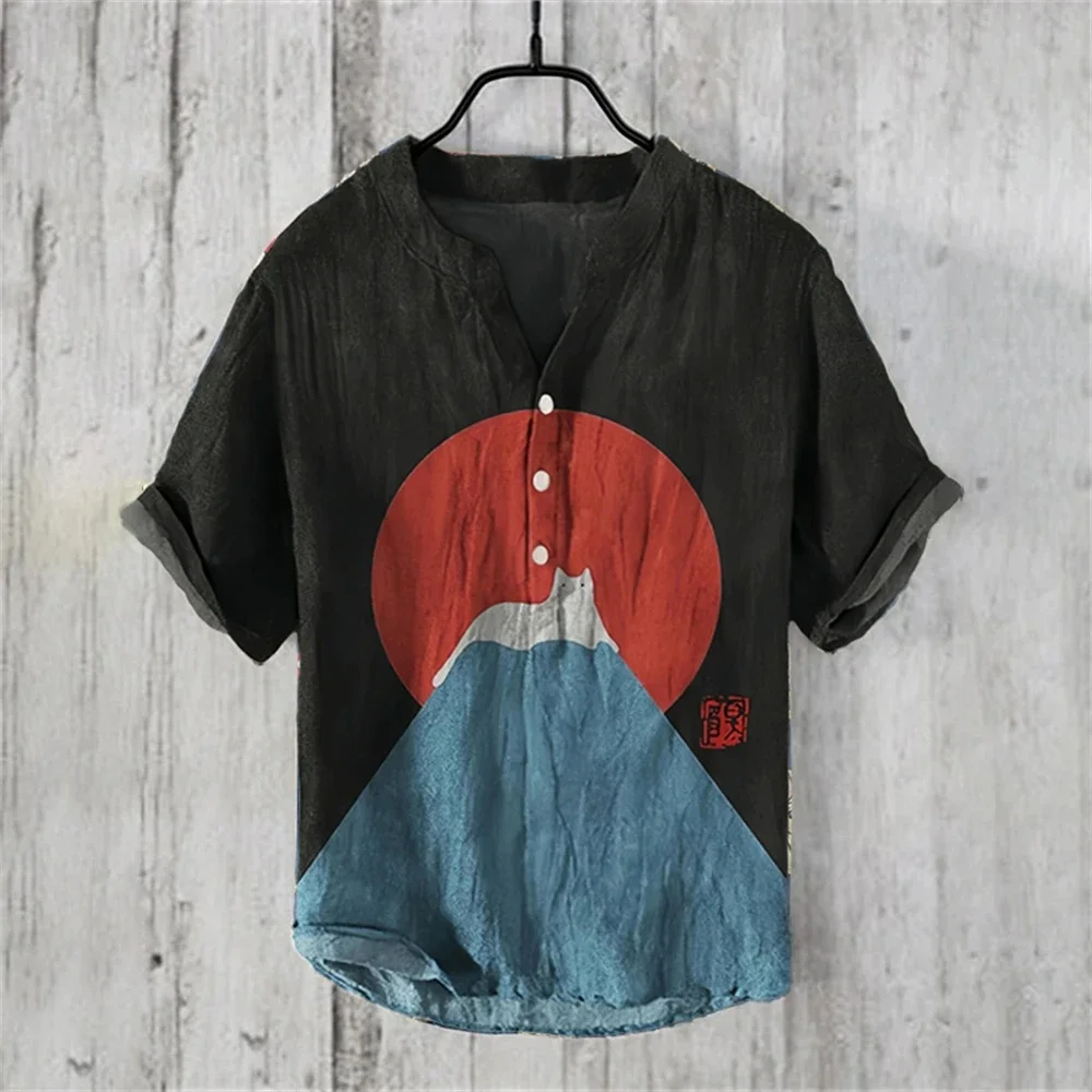 Summer men's short-sleeved V-neck short-sleeved linen printed shirt European and American popular elements large size shirt