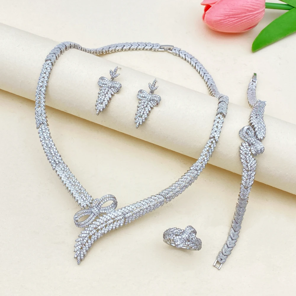 

Flora Роскошный позолоченный медный циркон 4 шт. комплект ювелирных изделий свадебный подарок невесты, включая кольцо, ожерелье, серьги, браслет