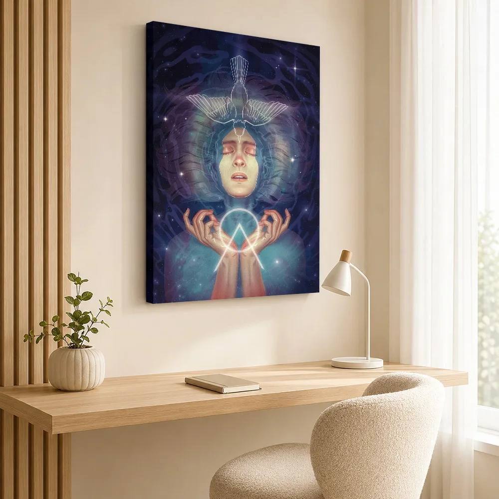 Spiritual Woman with Dove and Symbol Framed Canvas Poster Personalized Modern Aesthetic Wall Art for Living Room Bedroom Decor