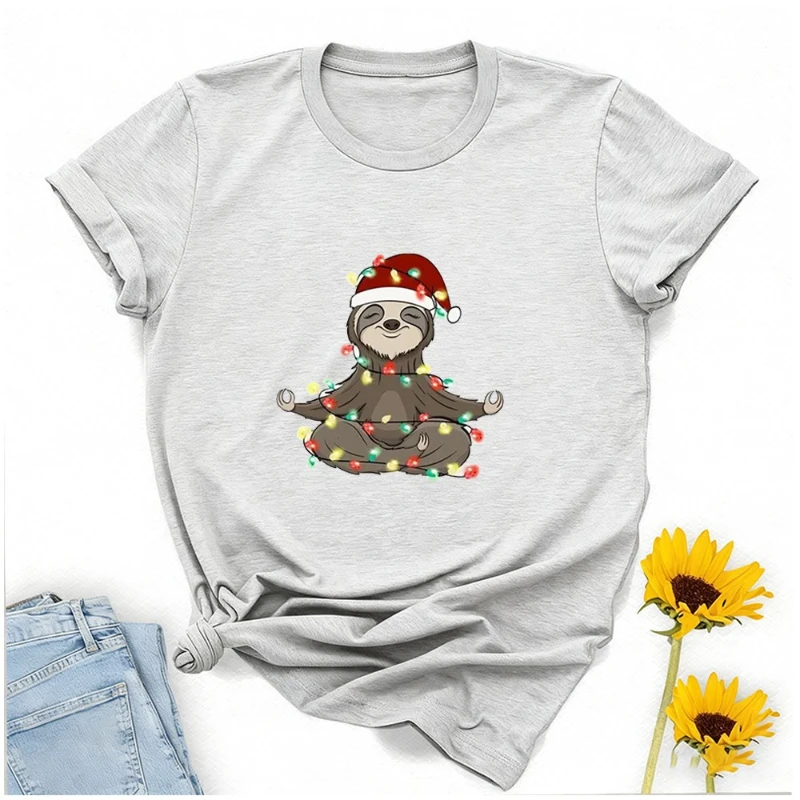 Y2k Shirt Christmas Sloth Mens T-shirts Black White Kawaii Clothes Womens Vintage Christmas Lights Summer Print Streetwear