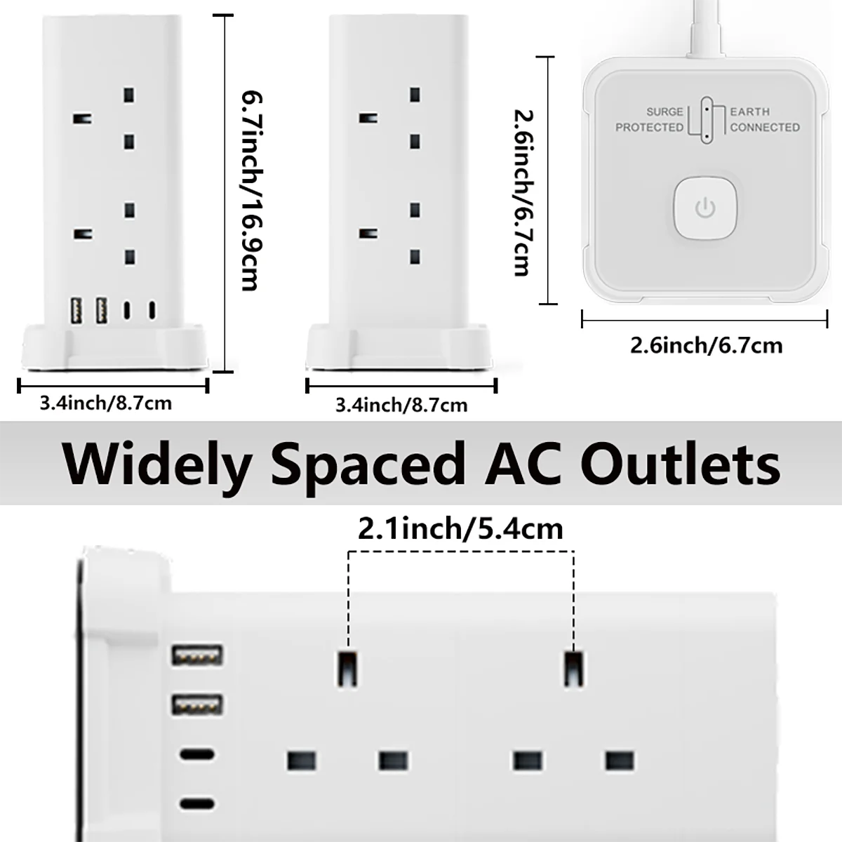 3M Tower Extension Lead with USB Slots, Hotimy 13A 8Way Extension Lead Surge Protection with 2 Type C &2 USB Ports, Home, Office