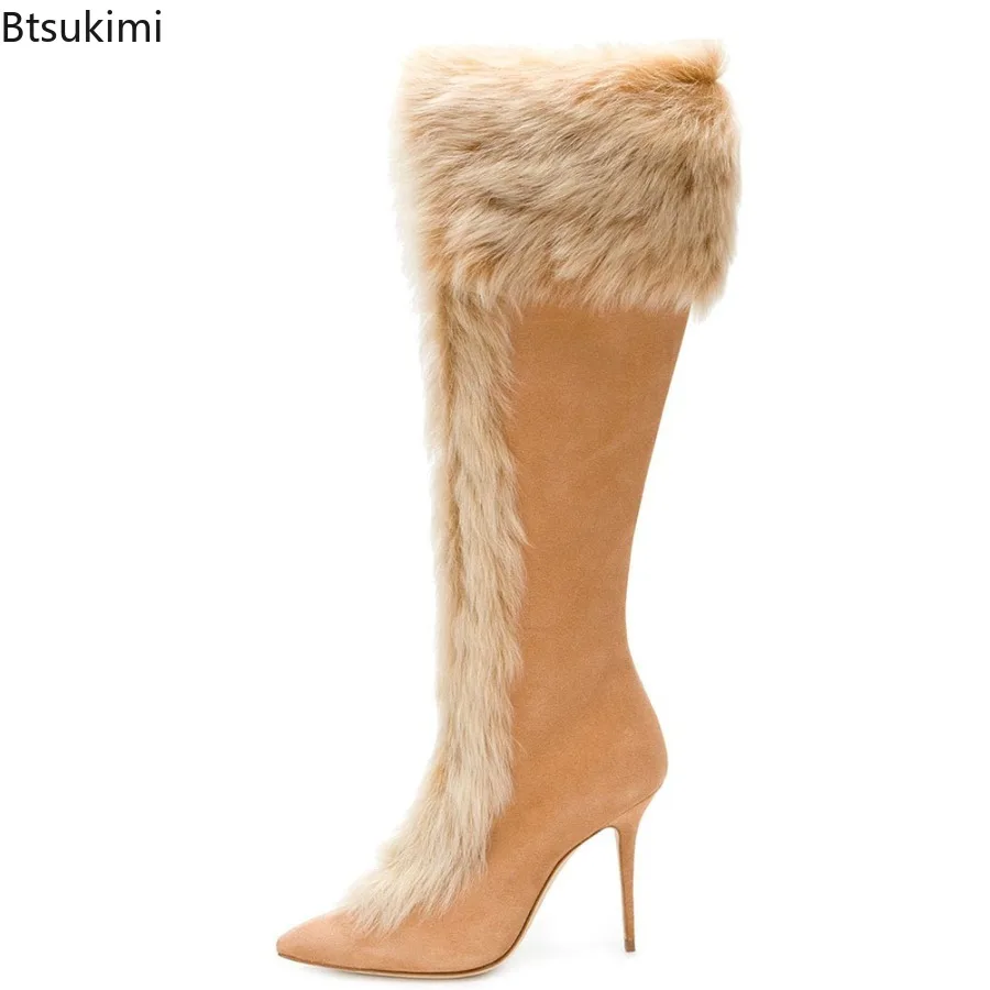 

Rabbit Hair Decoration Pointed Toe Winter Warm Side Zip Knee High Boots Solid Artificial Short Plush Suede Women's Stiletto Heel