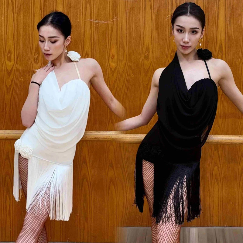 

Женский сексуальный костюм для латинских танцев чача, топ с лямкой на шее, юбки с бахромой для взрослых, танцевальная одежда для соревнований, сценические костюмы SL12446