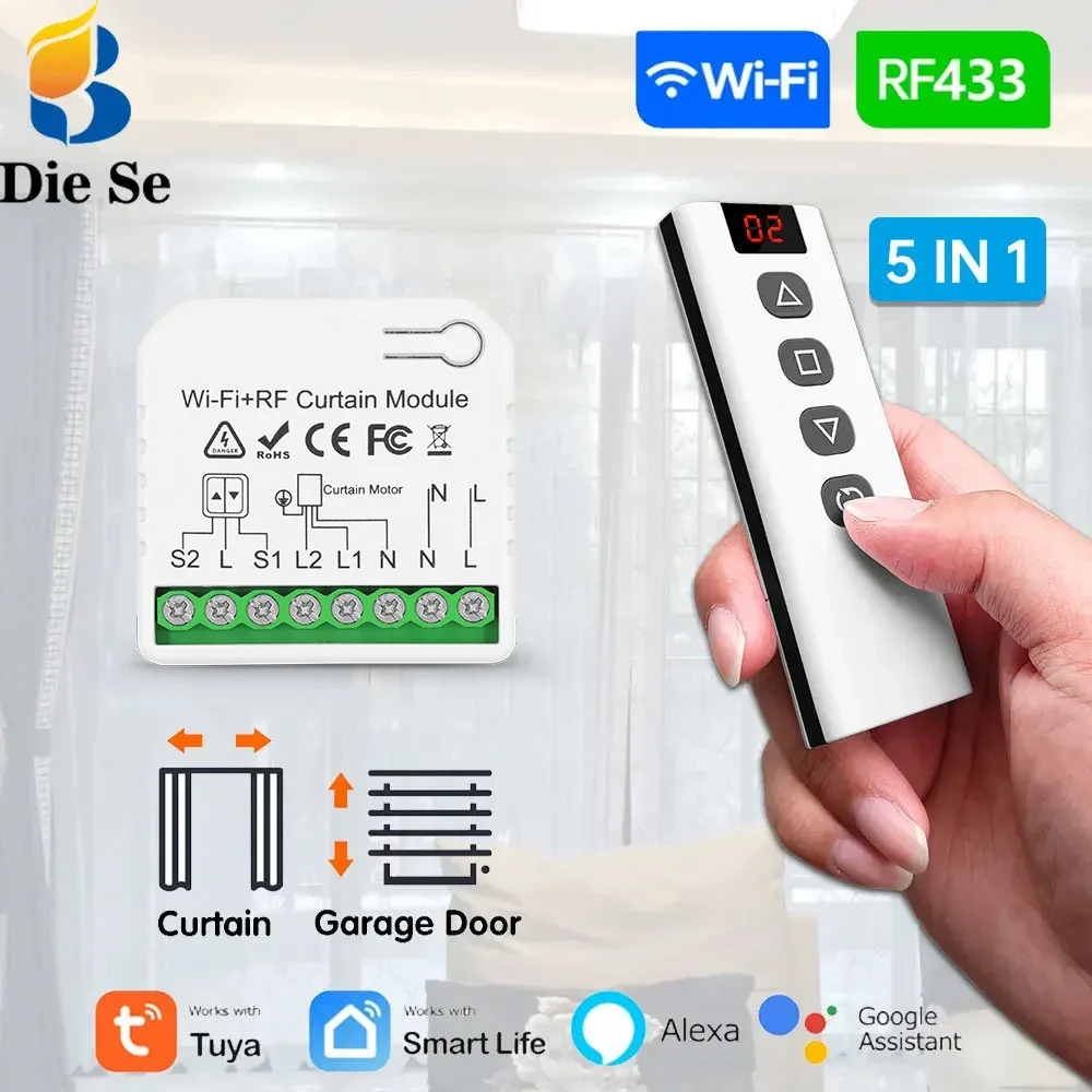 

Wifi Rf Curtain Switch Tuya Smart Life Roller Shutter Module 433mhz 5-IN-1 Remote Control,for Garage Door Window Blinds Alexa