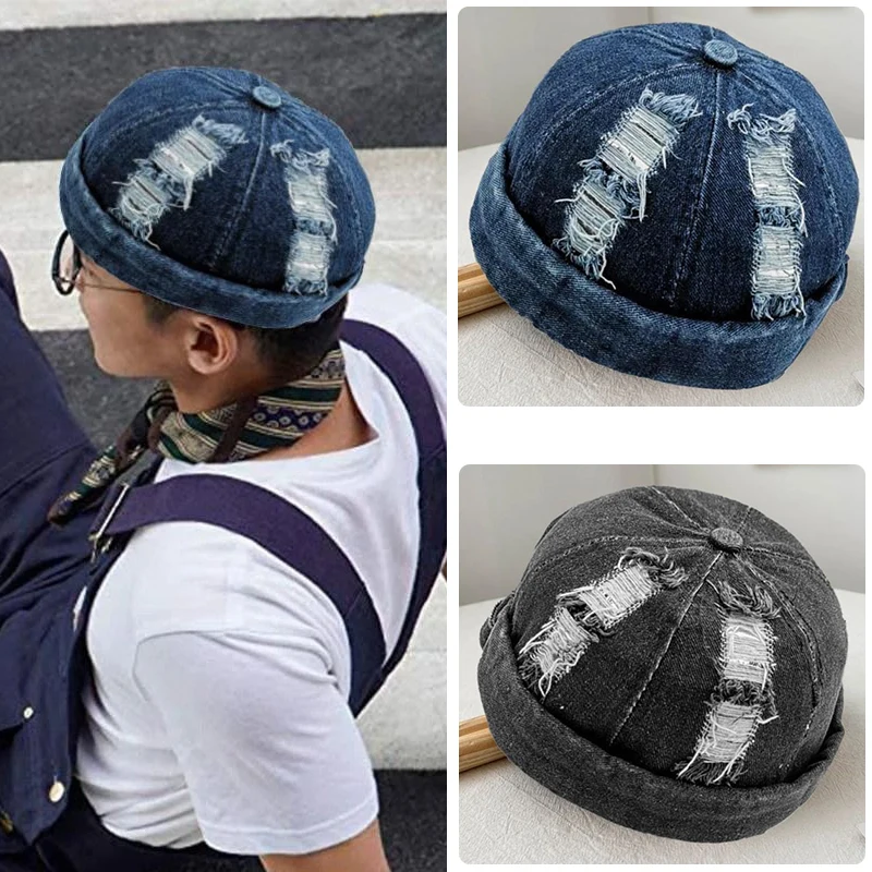 قبعة صغيرة من قماش الدنيم المتعثر - قبعة هيب هوب كاجوال عصرية للجنسين ممزقة للرجال والنساء