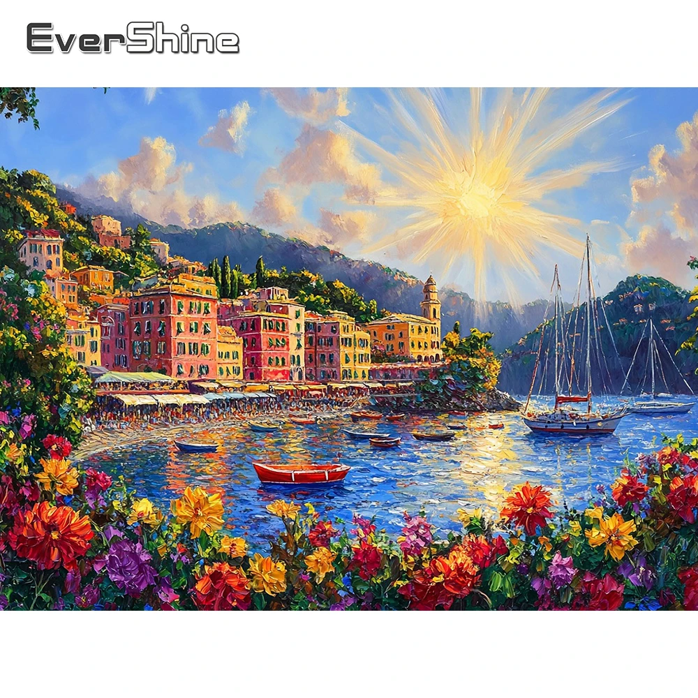 EverShine Diamant-Stickerei, Landschaftsmosaik, Gänseblümchen, Vollquadrat-Malerei, Haus, Strass, Boot, Meer, Dekor für Zuhause