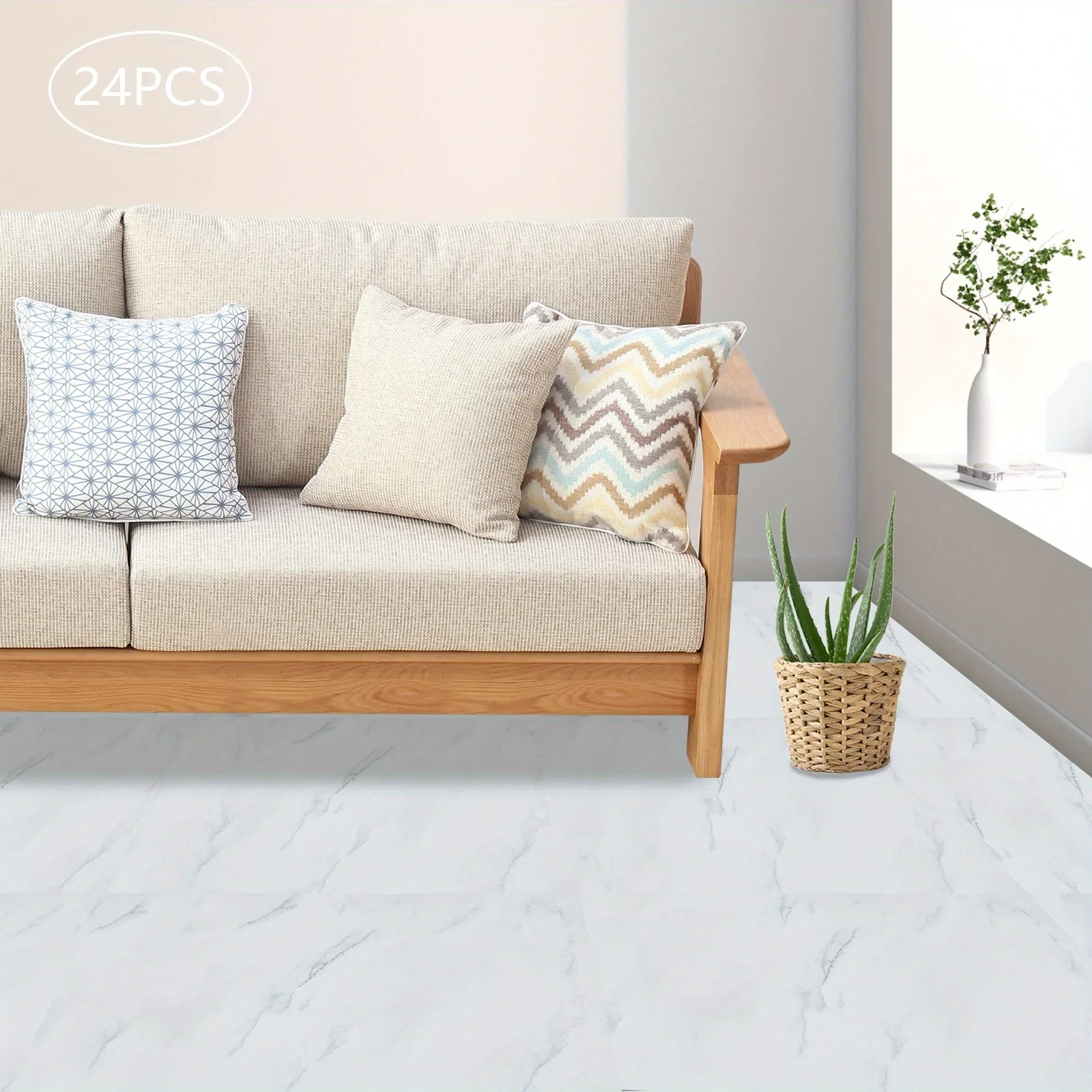 24 SZT. 60 cm X 30 cm Samoprzylepna podłoga PCV - Wzór białego kamienia, wysoka jakość, dekoracja, podłoga