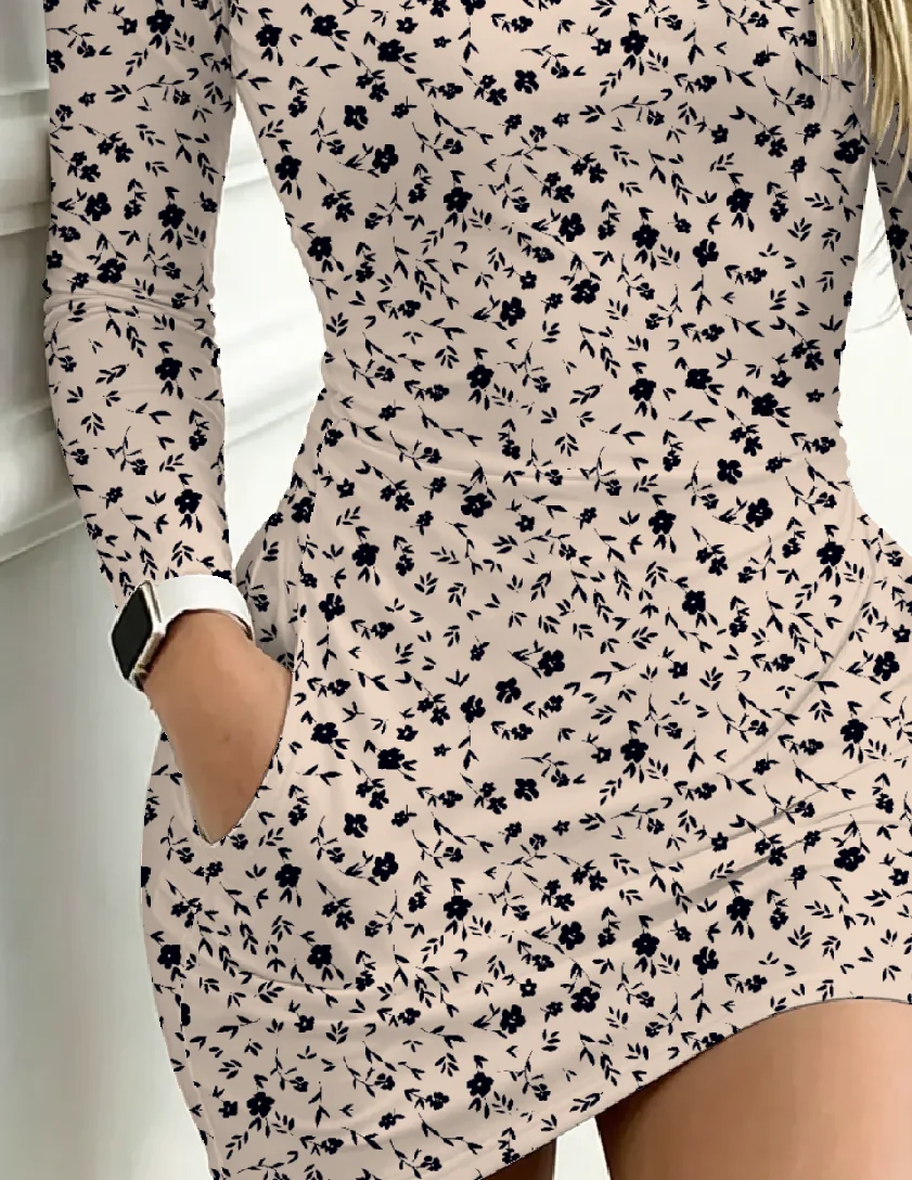 Damen Herbst Casual Elegantes Rundhalskleid mit Blumenmuster, Tasche, Langen Ärmeln und Tailliertem Minirock – Detail 4