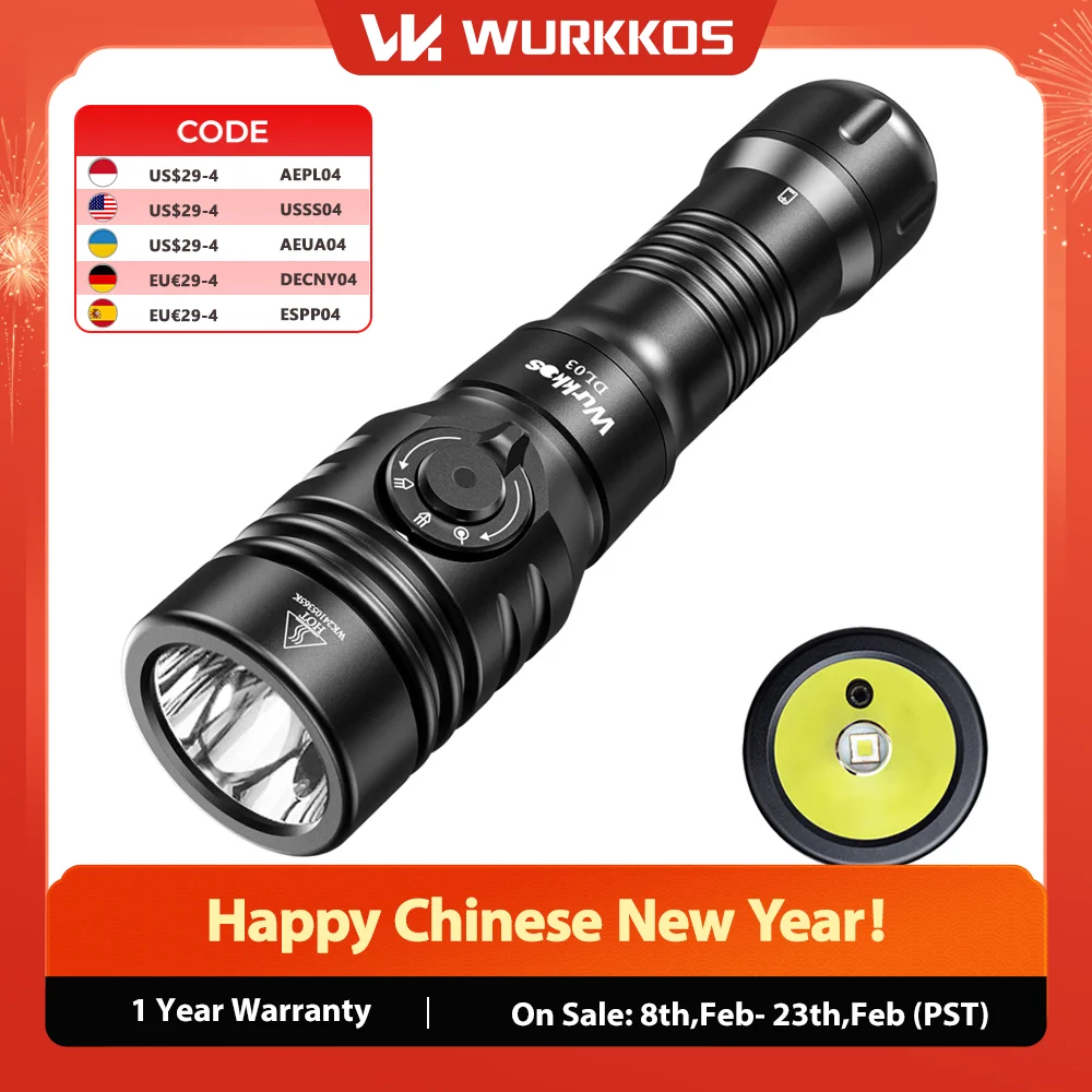 

Wurkkos DL03 Professional Diving Flashlight 2800LM Dive Light Rechargeable IP68 Underwater Lantern with Green Beam 21700 Battery