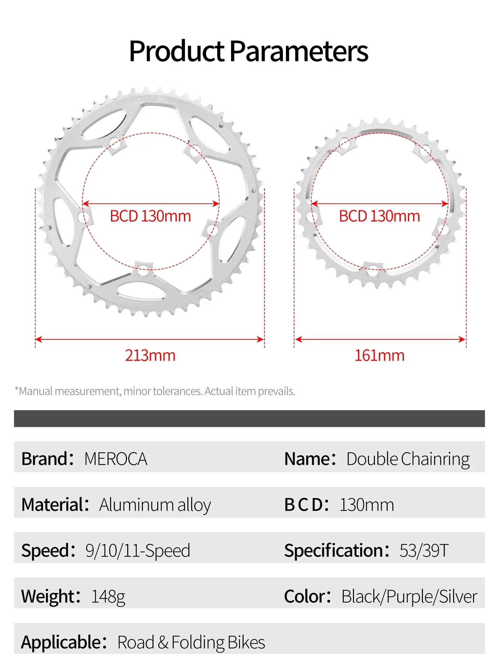 MEROCA 130BCD 5-Bolzen 53-39T 2X Doppelkettenblatt aus Aluminiumlegierung für 9/10/11-Gang Rennrad Faltrad Kurbelgarnitur – Detail 2