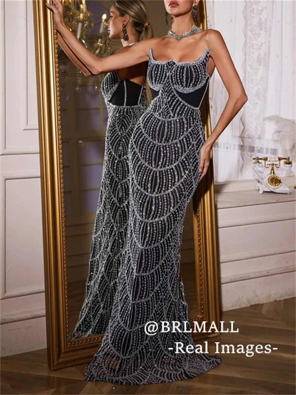 Robe longue fendue à paillettes sans bretelles, robes formelles noires pour femmes, robe de bal longue fourreau avec cristaux argentés, robe de Costume de Cocktail