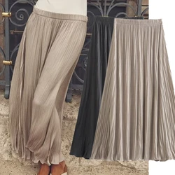 Dave&Di French Fashion Ladies Solid Color Simple Skirt Elastic Waist Pleated Casual Commuter Midi Skirt Women