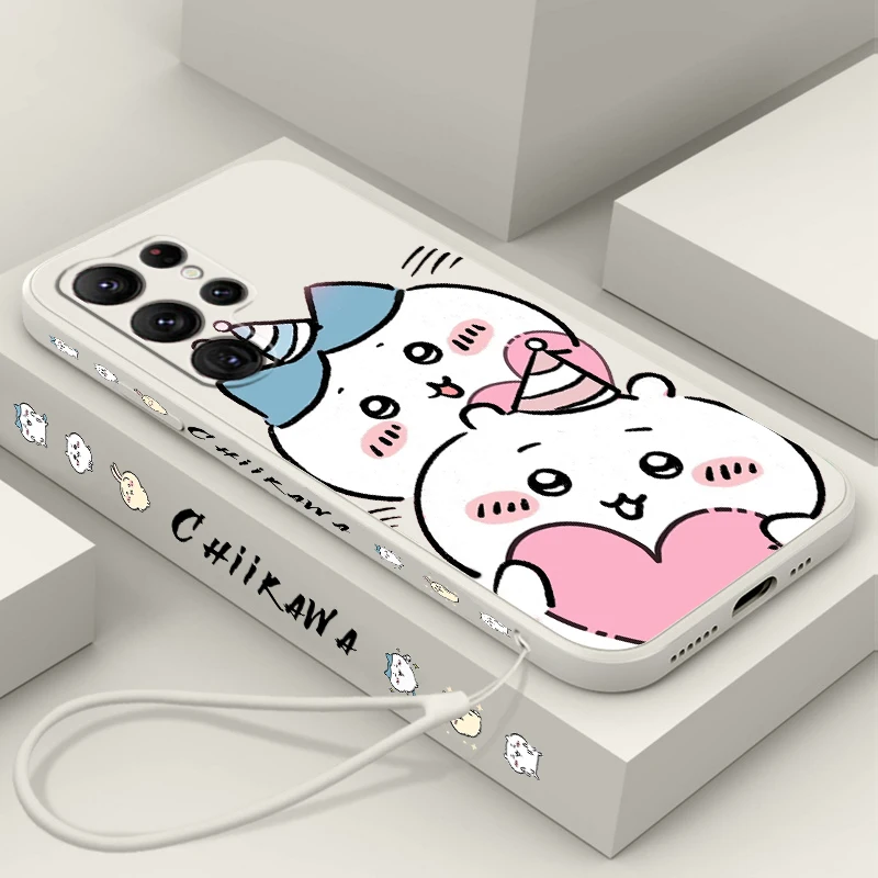 C-Chiikawa U-Usagi Cute Art Liquid Left Rope For Samsung Galaxy S24 S23 S22 S21 S20 FE S10 Ultra Plus Lite 5G Cover Phone Case