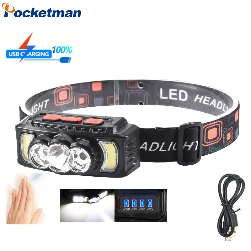 

Powerful Induction Headlamp COB LED Head Lamp Flashlight USB Rechargeable Head Torch 4 Lighting Modes Head Light Outdoor Lantern