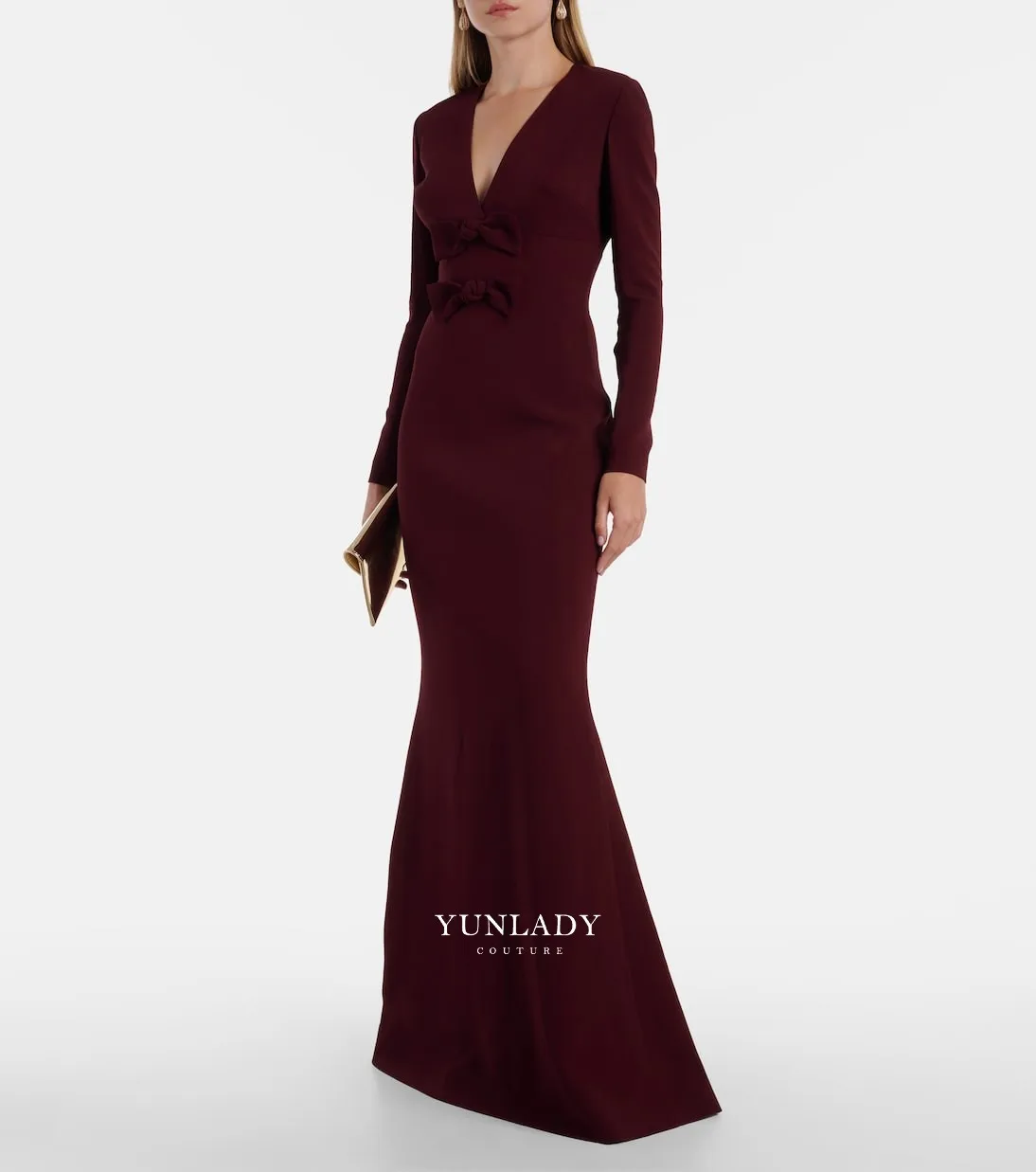 YUNLAN Vestido de noche de crepé burdeos para mamá Ocasión especial Cuello en V Elegante lazo de sirena Flores Vestido formal de cóctel para graduación