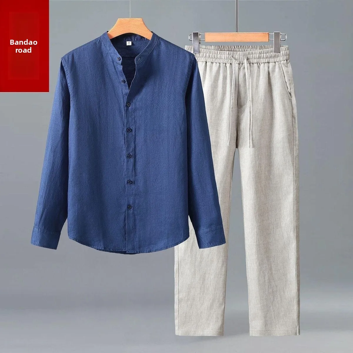 

Loose Cotton Linen Long Sleeve Shirt Set Men's Summer Breathable Traditional Chinese Stand Collar Straight Leg Pants