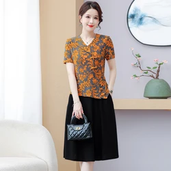 Summer Fashion Flower Print Dress 2024 New Plus Size Short Sleeved Clothing Classic Gardenia Rose Women's Wear