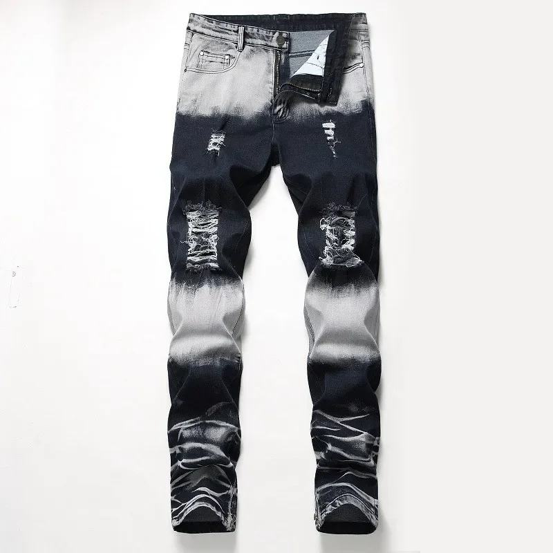 Men's New Zippered Ripped Jeans (without Belt) High Street Motorcycle Straight Slim Fit Casual Fashion Denim Trousers Male