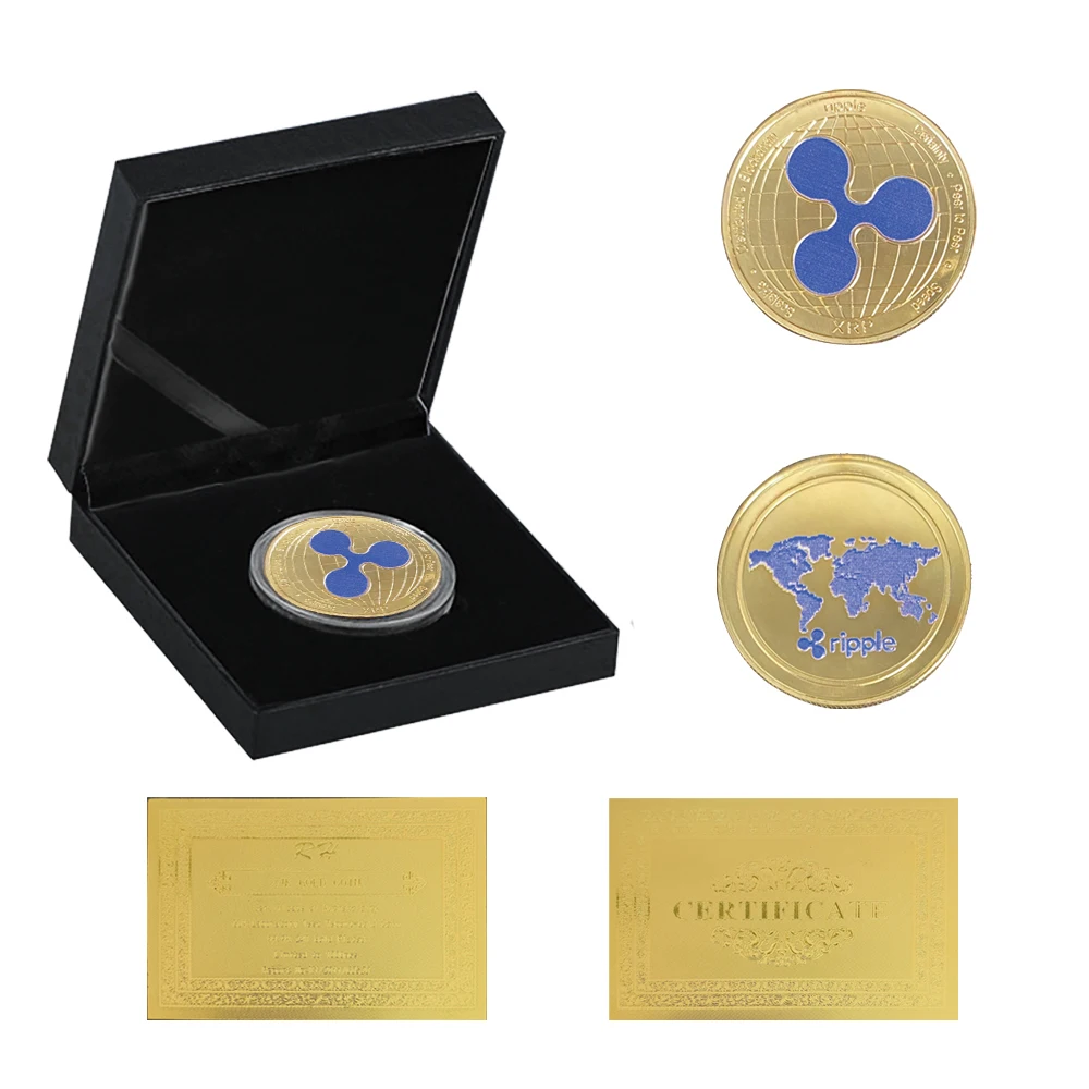 1pc Gold Plated Ripple Coin Blue Color Copy Commemorative Coins Collection For Gift W/ Luxury Box