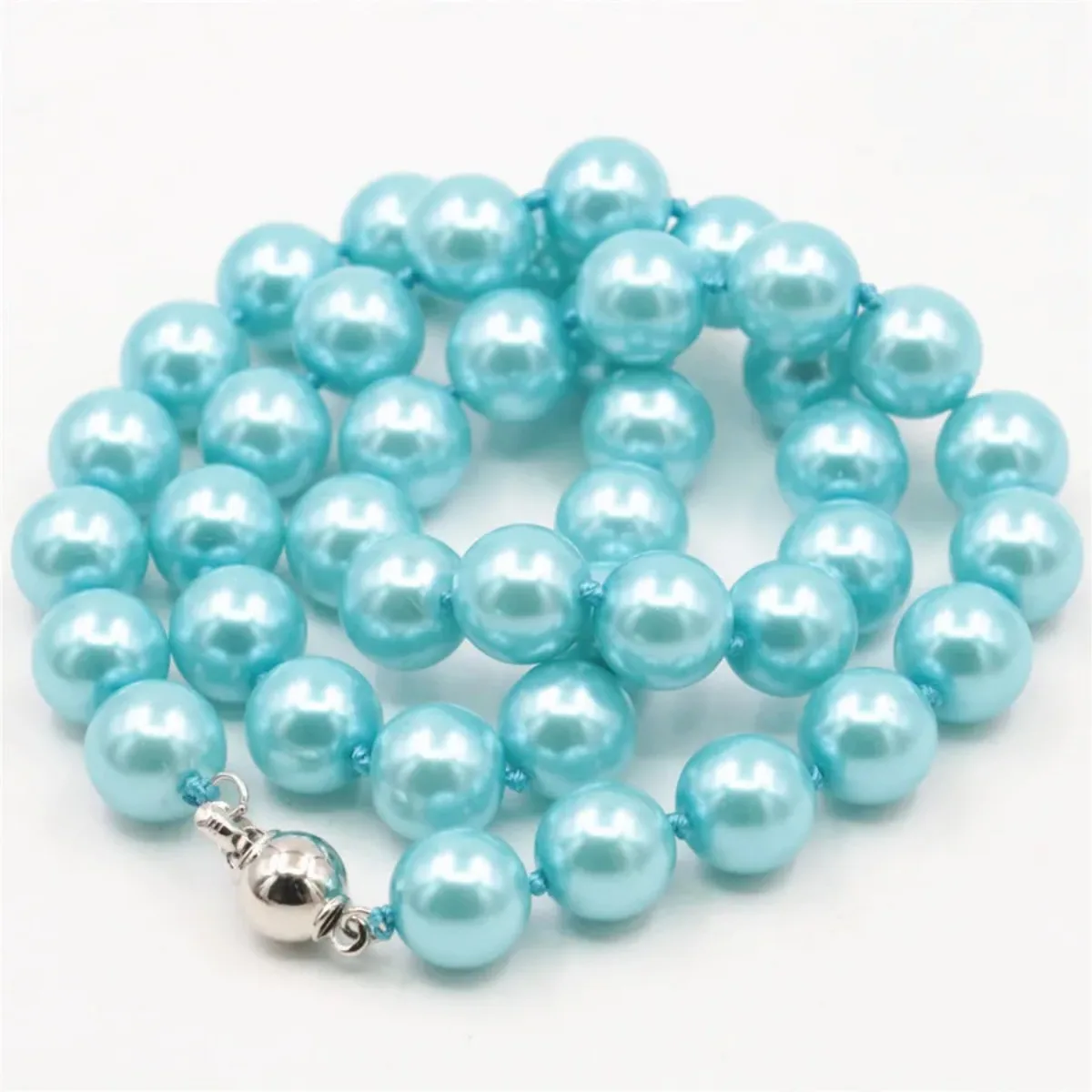 DIY 8 10mm Round Blue Ocean Sea Shell Pearl Necklace Beads Fashion Jewelry Rope Chain Neckwear Women Gifts Natural Stone 18INCH
