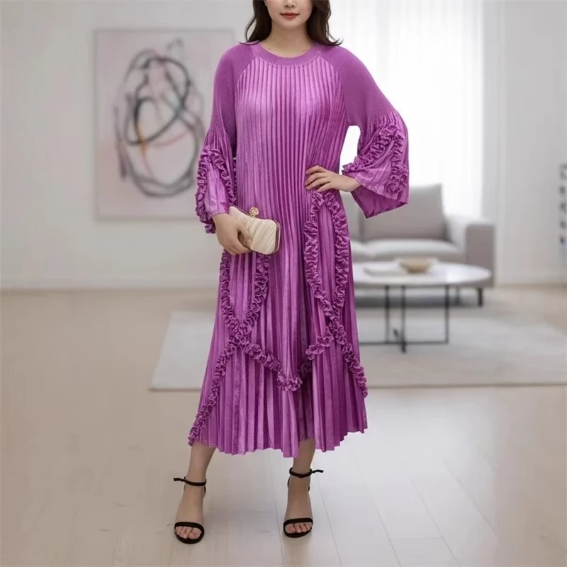 

Плиссированное женское платье EGRM с бахромой и лоскутным дизайном, высококачественное, с расклешенными рукавами, на завязках на талии, свободного кроя, в стиле Мияке, повседневная одежда 8G6106