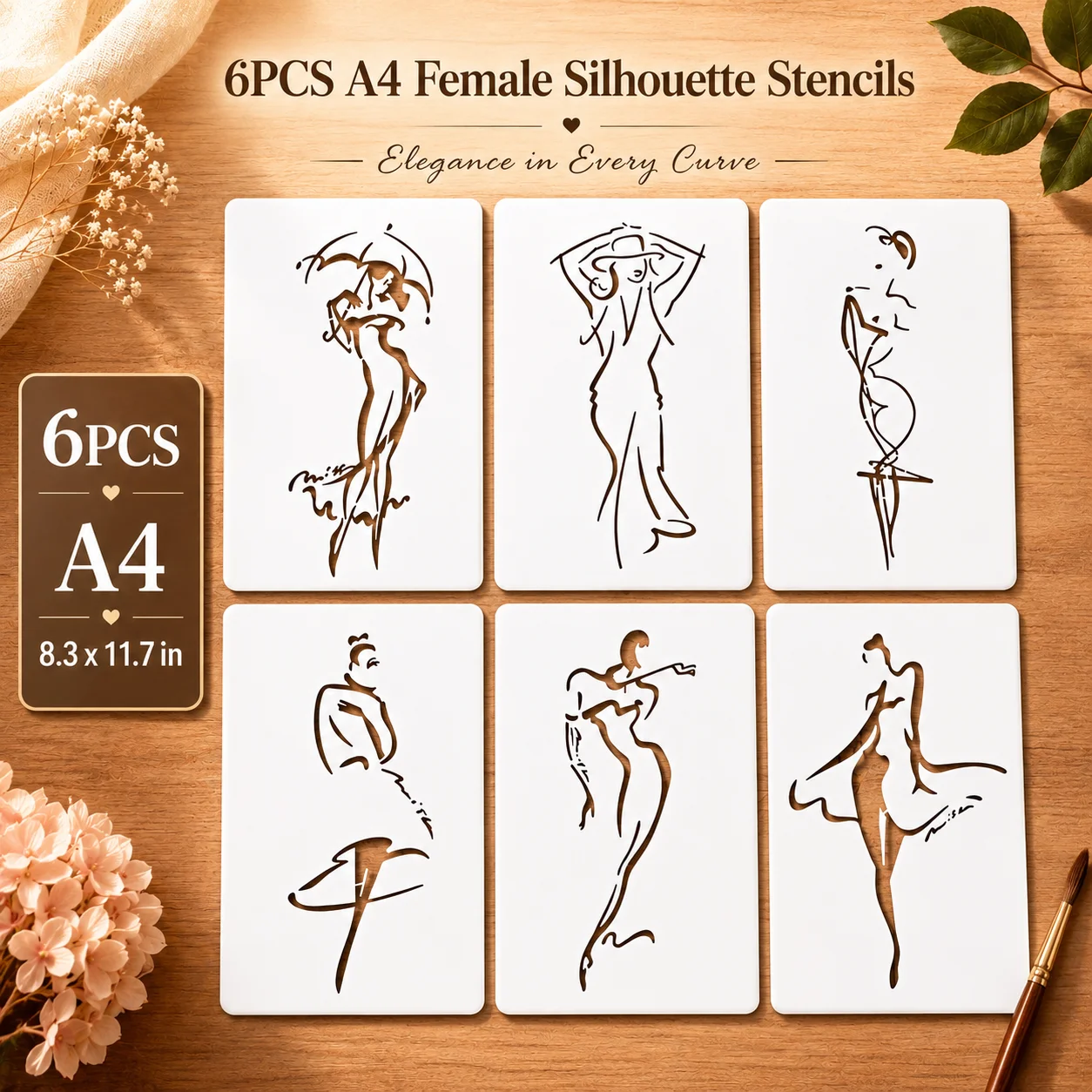 6PCS A4 8.3 x 11.7 in Female Silhouette Stencils Abstract Woman Line Art Templates for DIY Wall Wood Canvas Fabric