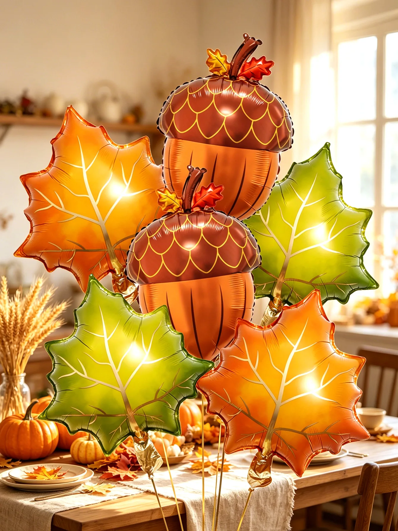 6-teiliges Set aus Ahornblatt- und Nuss-Folienballons – geeignet für Thanksgiving, Erntefest, Halloween, Geburtstage und Herbstdekoration