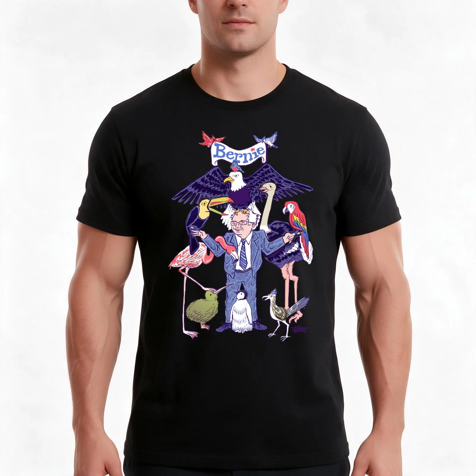 Bernie's Birds (with Bernie Banner) T-Shirt, Summer Casual Cotton Tee, Oversized Streetwear Tops, Vintage Graphic Print