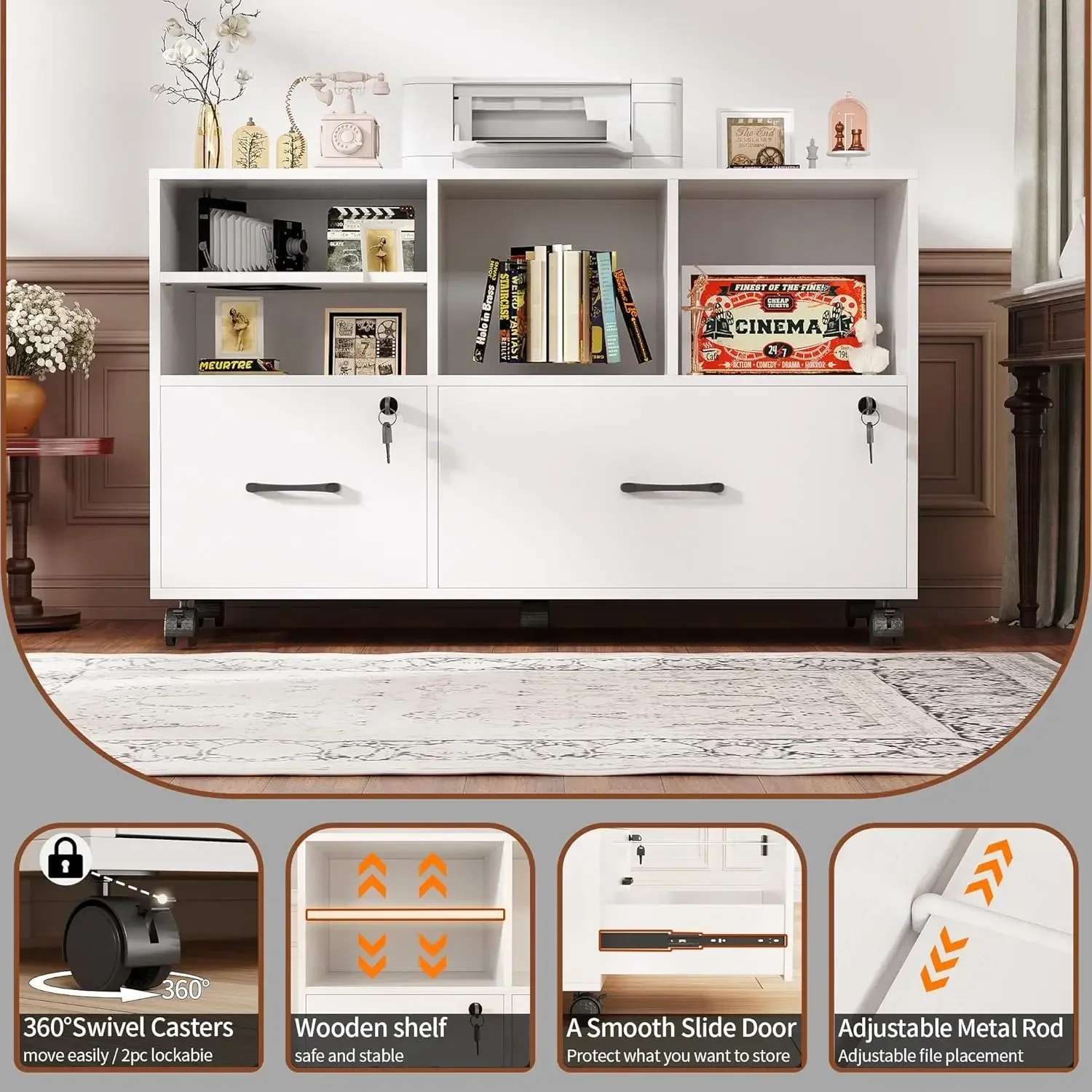 White Mobile Wood Lateral File Cabinet with Lock Open Storage Shelves Printer Stand Legal A4 Size