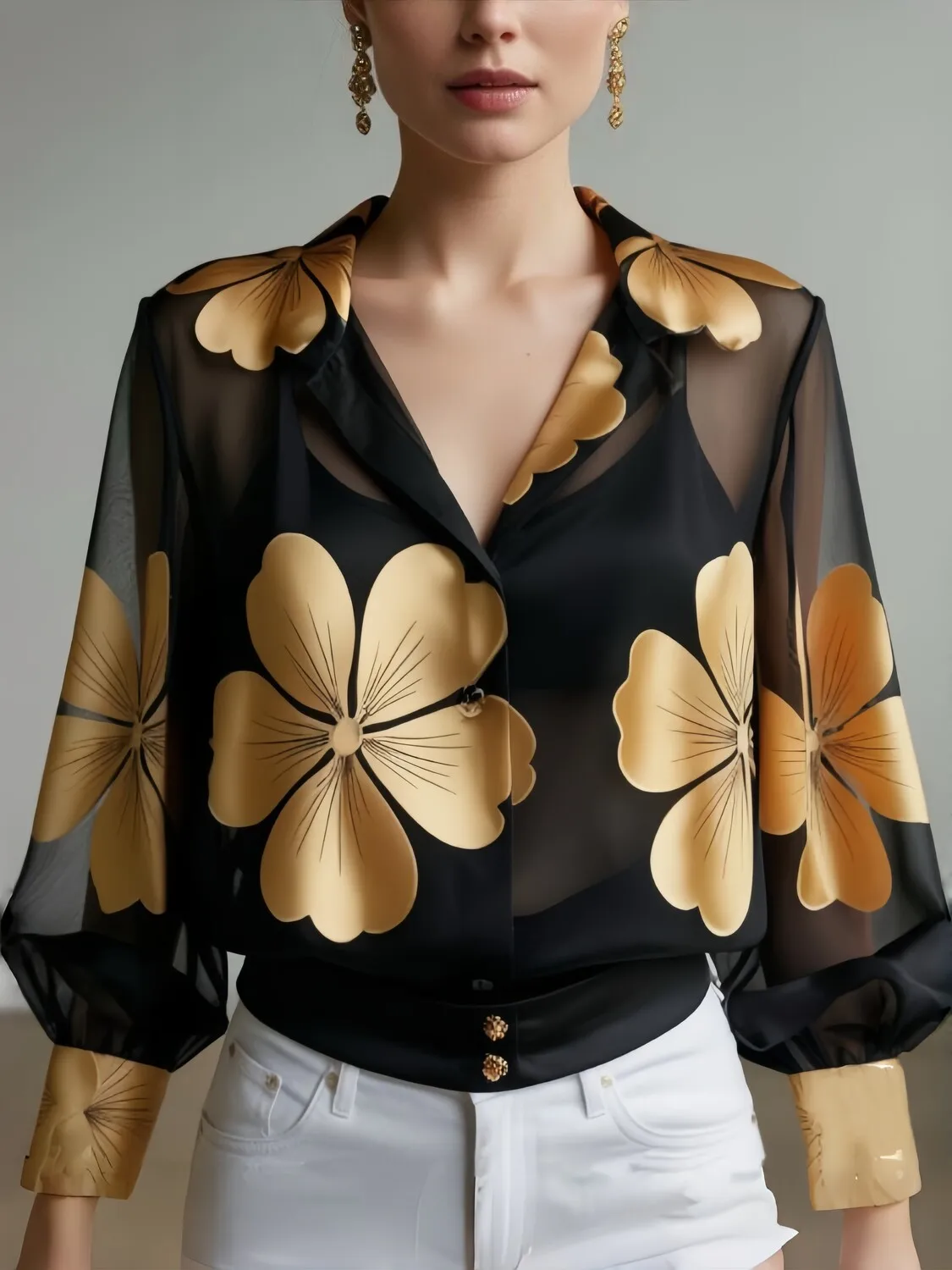 

Women Floral Printed Mesh Shirt Blouse Long Sleeve See Through Elegant Office Lady Vintage Autumn Casual Blouse Top 2025