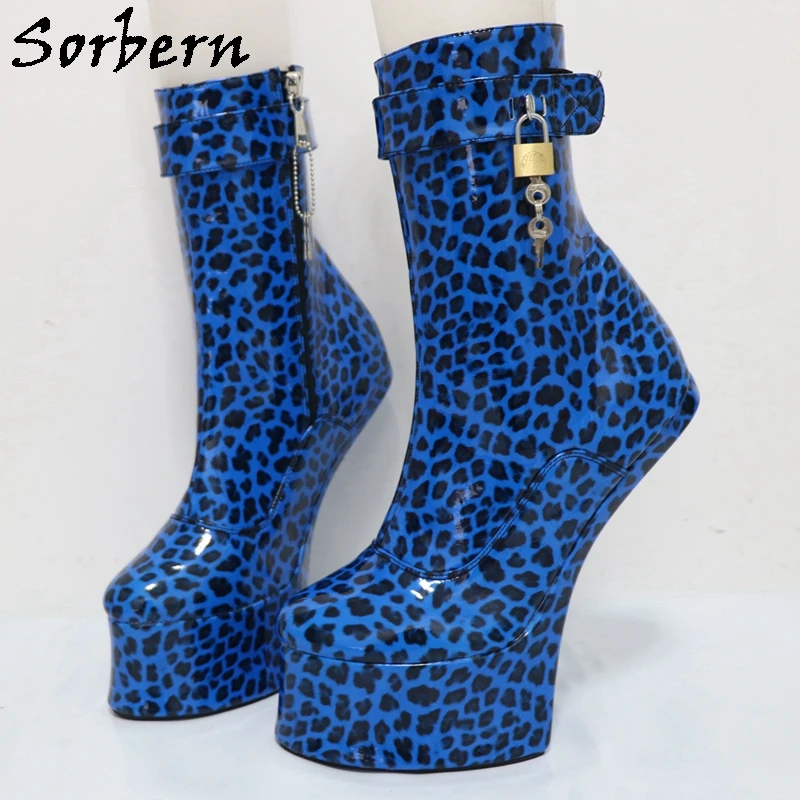 Sorbern Blue Leopard Ankle Boots For Women Ankle Strap With Locks Heelless Platform Horse Heels Booties Custom Colors