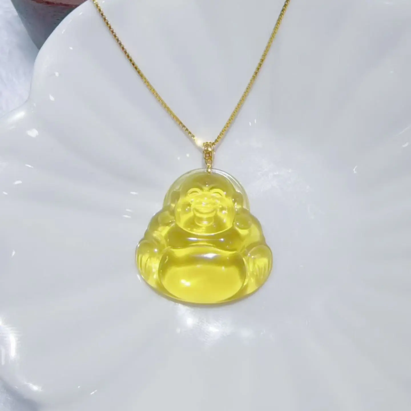 Certificate 18K Real Gold Natural Mexican Blue Amber Laughing Buddha Necklace With 925 Silver Chain Choker Blessing Jewelry Gift