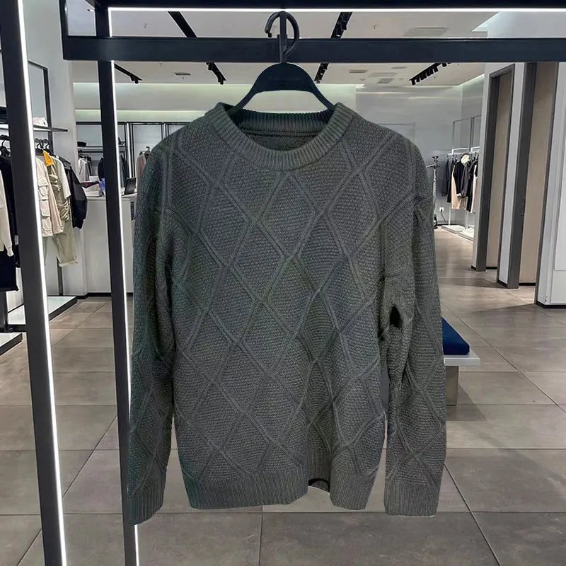 

Men's Faion Retro Diamond Pattern Knitted Sweater round Ne Thiened Autumn Winter Casual Youth Pullover Long Sve Top