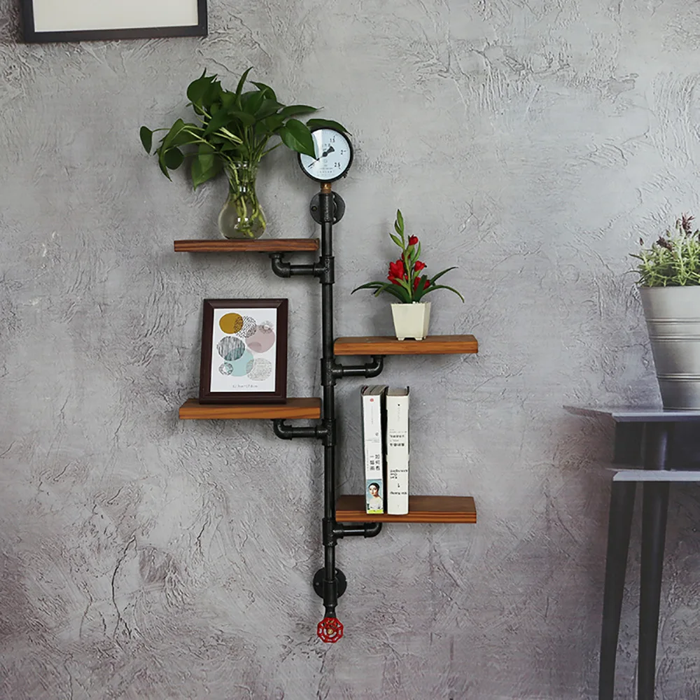 

Retro water pipe rack Wall wrought iron wall hanging bookshelf Multi-layer solid wood shelf Industrial air duct display rack