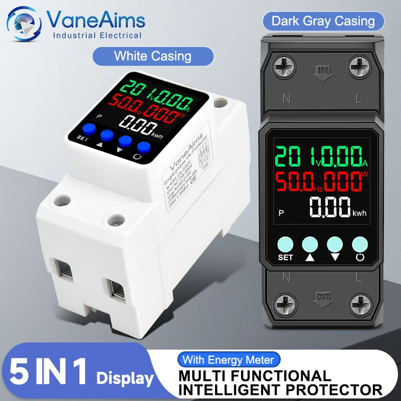 

220V 5IN1 Display Voltage Current Protector 63A Adjustable Over/Under Voltage Overcurrent Protection Device with Energy Meter