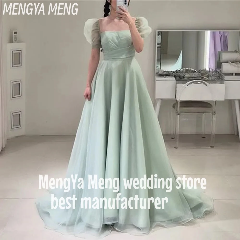 

ZHUISHU Mint Green Puff Sleeves Evening Dresses Pleat Korea Wedding Photo shoot Silk Organza Floor-Length Prom Gowns Customized