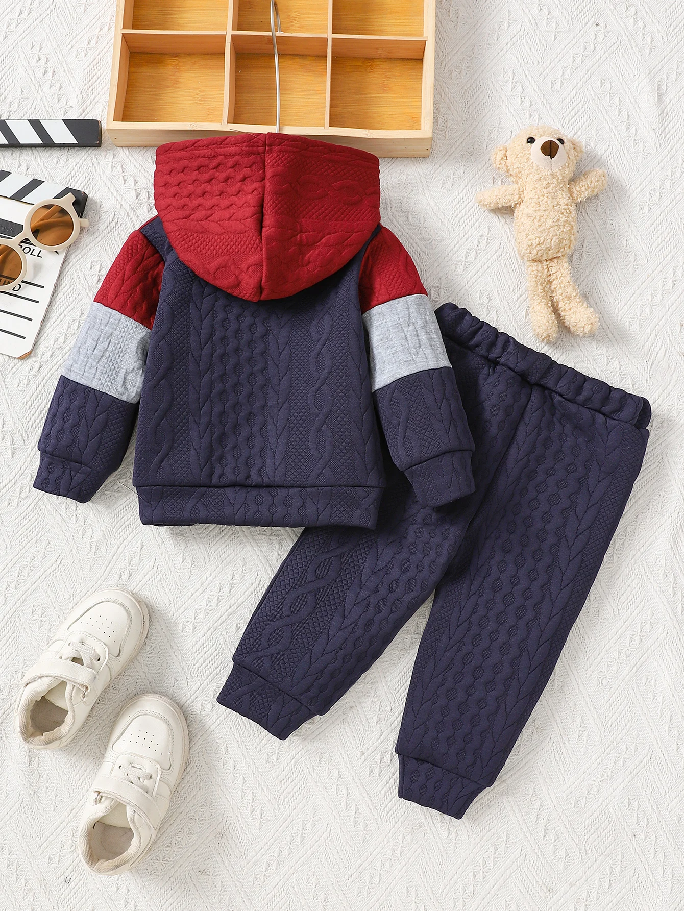 Baby Boy Outfit Multicolor Tangled Knit Bear Pattern Long Sleeve Hoodie & Pants Casual Comfortable 2PCS Set for Winter Wear