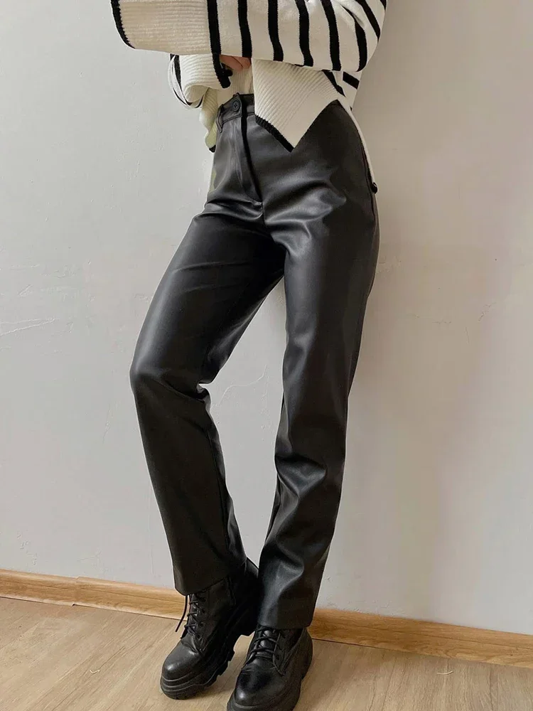 

Office Wear Winter Women's Leather Pants with Zipper Tight PU Faux Leather Wide Leg Trouesrs for Women Elegant Pencil Pants