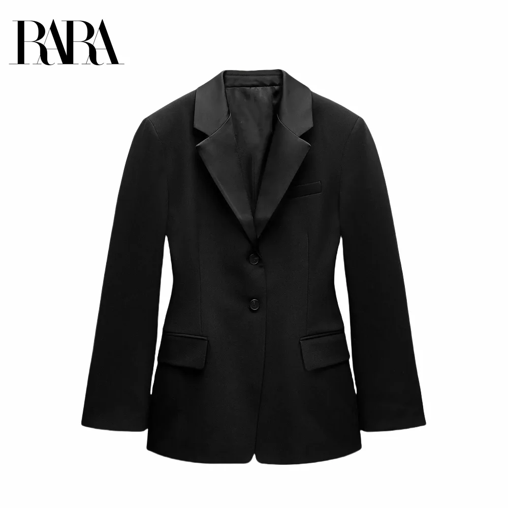 

2024 RARA new women's clothing with padded shoulders, flap pockets, satin textured patchwork collar slim-fit suit jacket