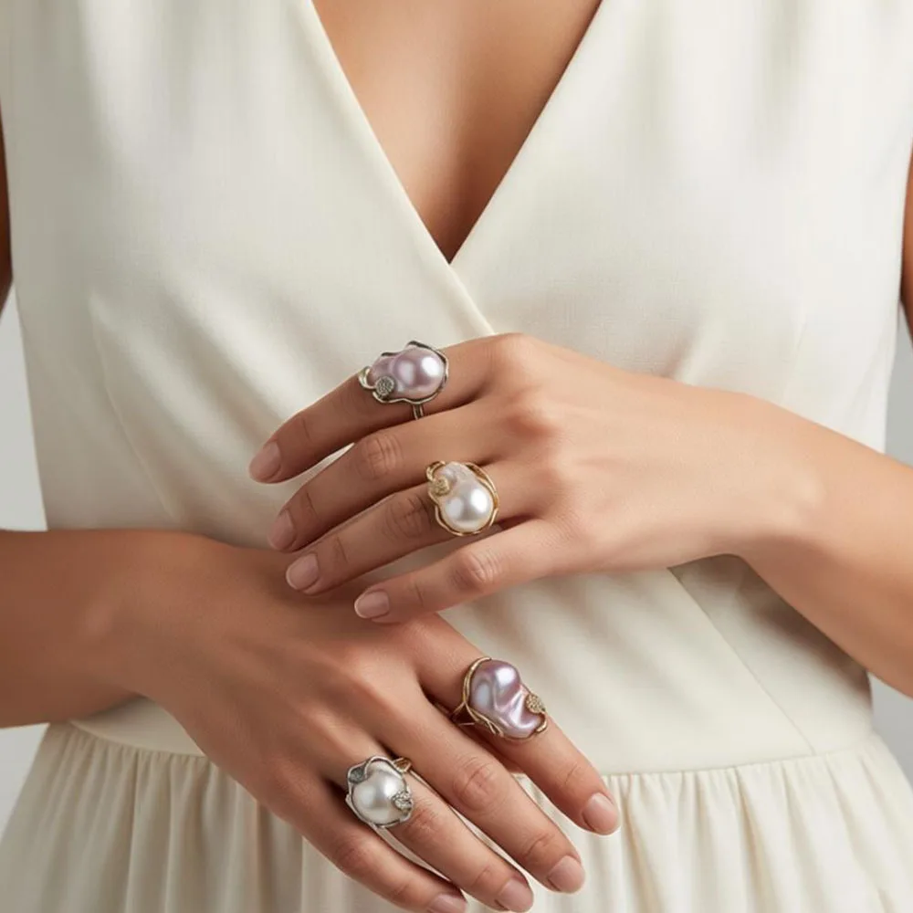 

Natural Baroque Pearl Rings Fish Tail Natural Freshwater Pearl Rings Adjustable for Women Men Jewelry Patry Wedding Gift