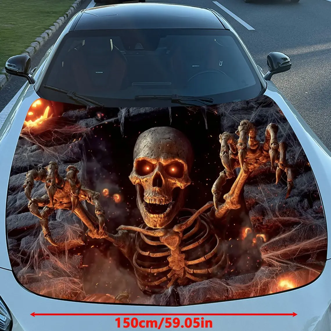 Halloween Themed Pumpkin Skull Vinyl Film For Car Engine Hood, Waterproof PVC Sticker For Car Engine Hood, Self-adhesive Paper F
