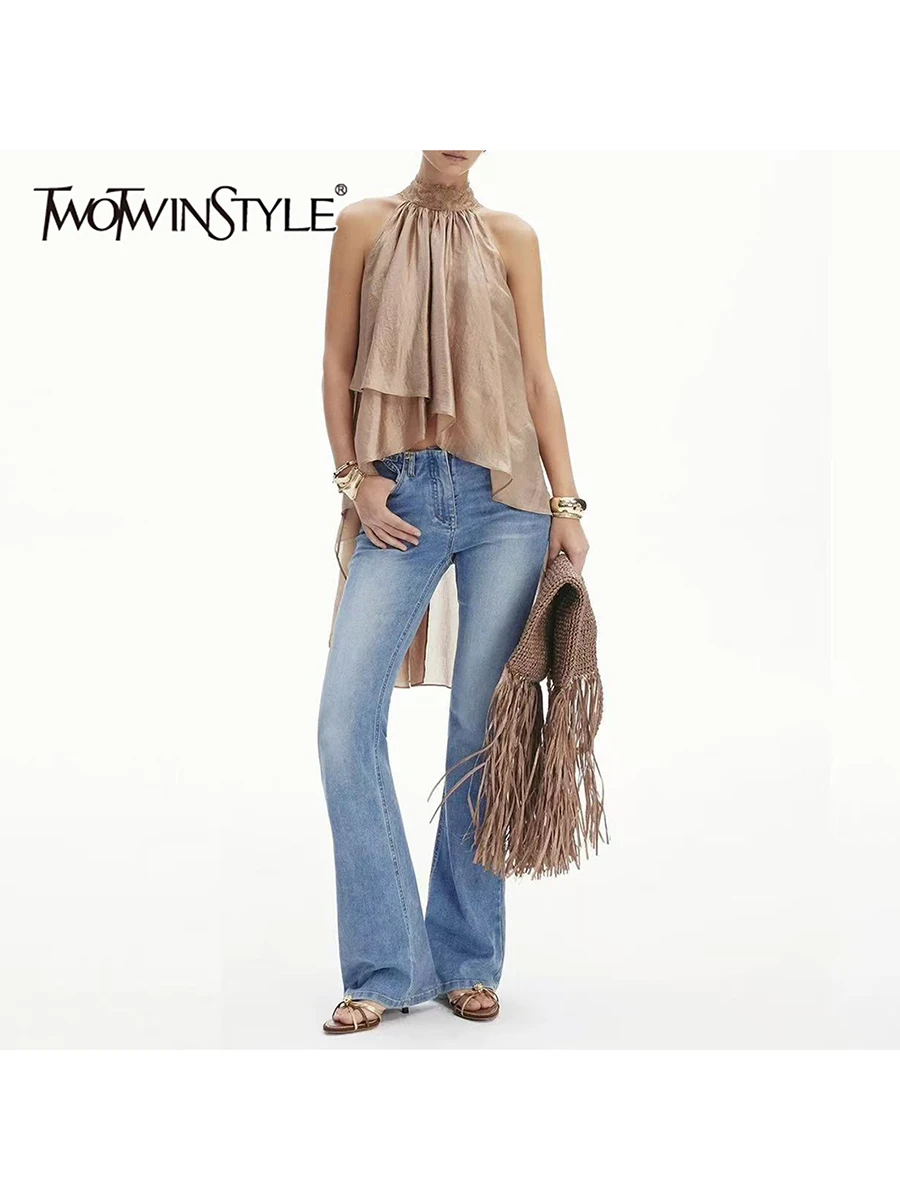 TWOTWINSTYLE Patchwork Lace Irregular Vests for Women Halter Sleeveless Spliced Folds Split Solid Tank Top Female Fashion 2026