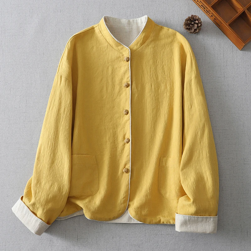 Retro Double-Sided Short Jacket with Embroidery Stand Collar Color Block Spring Autumn New Chinese Style Versatile Ladies Coat
