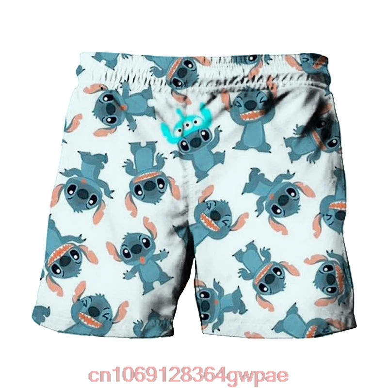 Shorts de praia com estampa anime da Disney para homens, Harajuku, Mickey e Stitch, Minnie, moda casual, novo verão