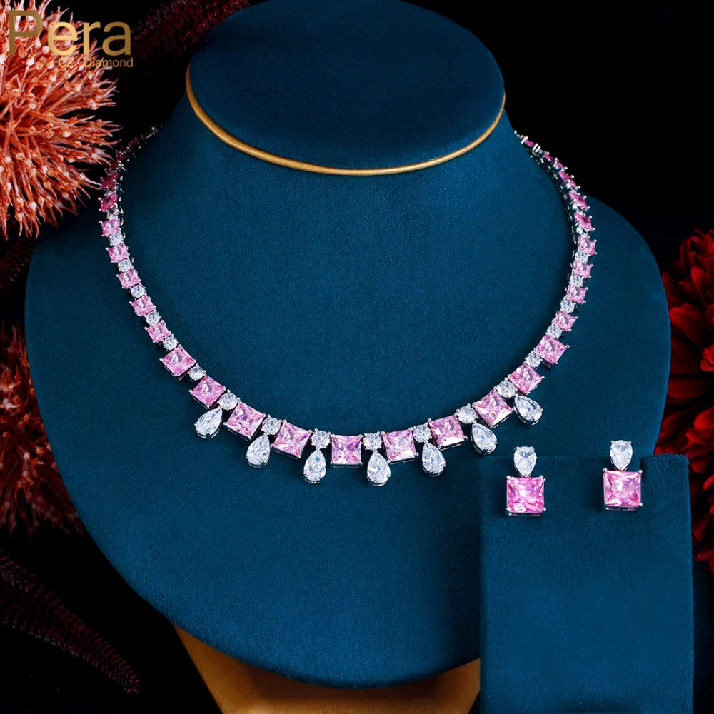 Pera Classic Sweet Pink Cubic Zirconia Choker Necklace Earrings Sets for Women Bridal Wedding Dinner Jewelry Accessories J502