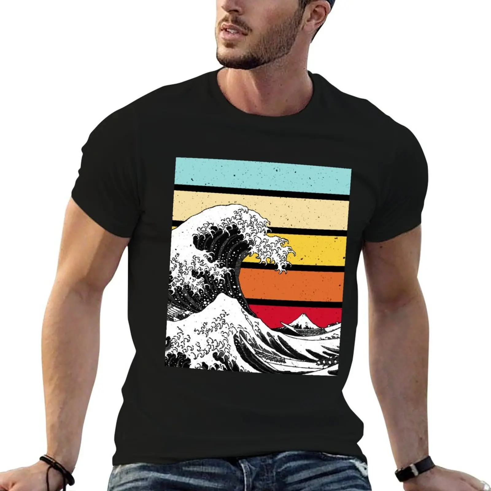 تي شيرت قطني ريترو للرجال ماركة عتيقة 100% كاناغاوا تي شيرت قطني فاخر مموج للرجال قميص قمصان قميص 100% رائع