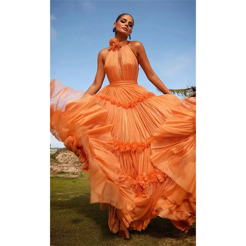 Stylish Orange Prom Dresses V-Neck A-LINE 3D Flowers Evening Dress Wedding Formal Party Dresses Vestidos De Fiesta