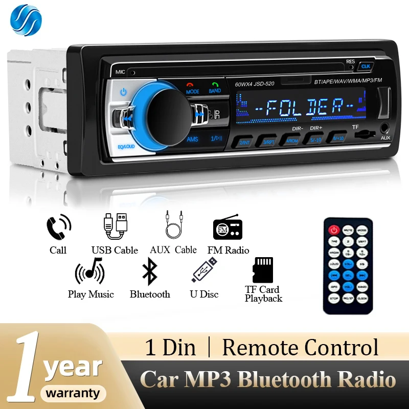 SINOVCLE Radio samochodowe 1 din Odtwarzacz stereo Bluetooth Odtwarzacz MP3 60Wx4 Radio FM Stereo Audio Muzyka USB/SD z wejściem AUX w desce rozdzielczej