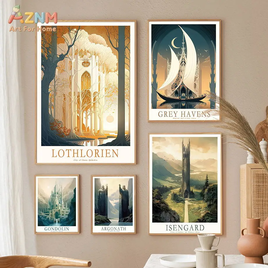 AZNM Lámina de lienzo El Señor de los Anillos, Lothlorien, Isengard, Grey Havens, Castillo de fantasía, Póster de viaje, Impresión sin marco