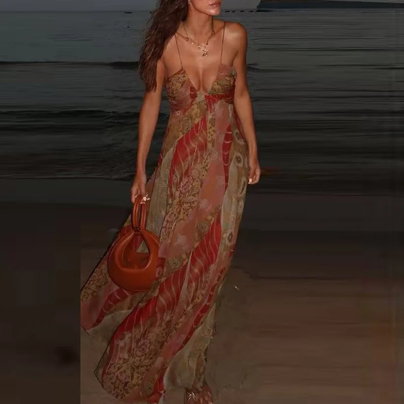 패션 로우컷 V넥 비치 롱 드레스 서스펜더 여름 패턴 프린트 여성 드레스 백리스 홀터넥 플리츠 보헤미안 드레스